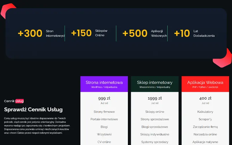 Sekcje oferty na stronie webmaster4You